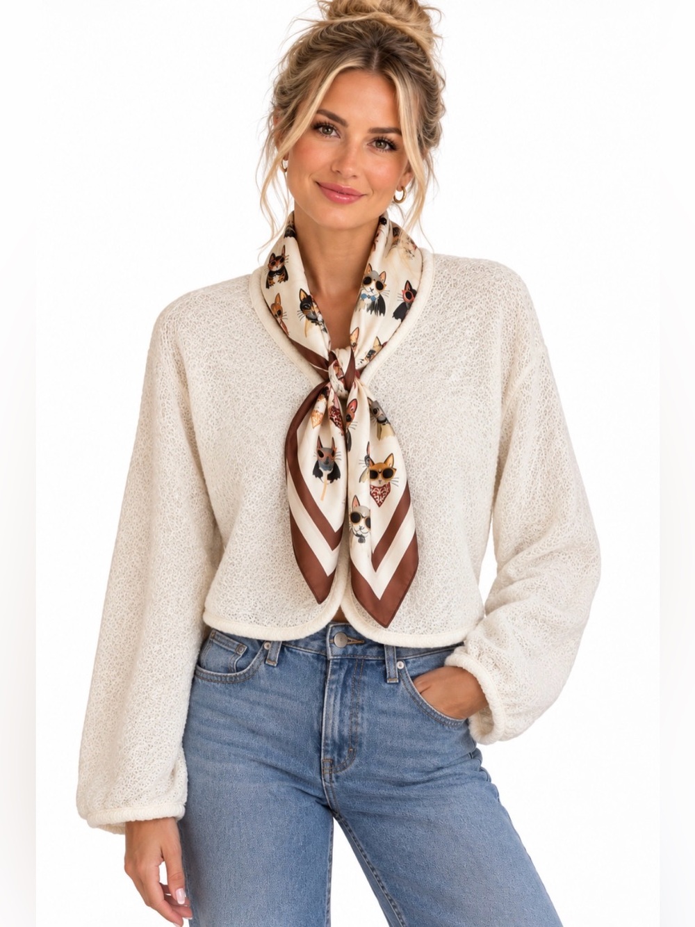 ARTPODIUM STUDIO- Cream Open-Front Knit sweater with cat scarf